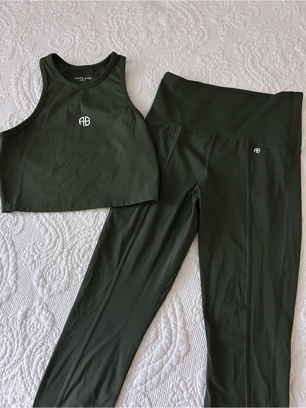 Anine Bing Dark Olive Leggings and Crop Tank Set